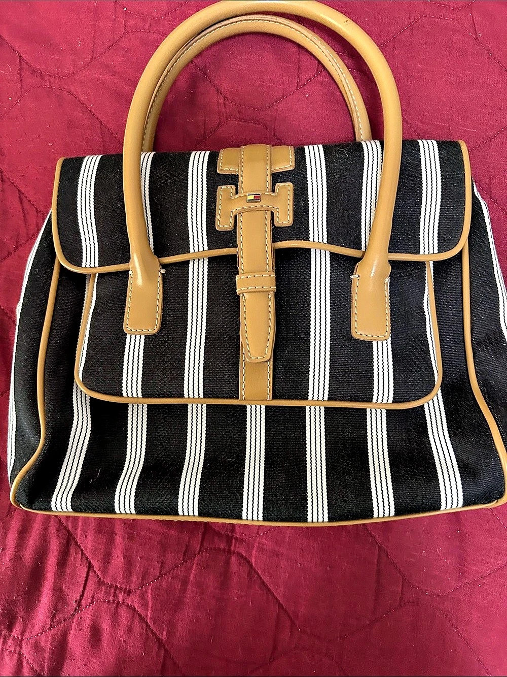 Tommy Hilfiger Striped Satchel in Black & White